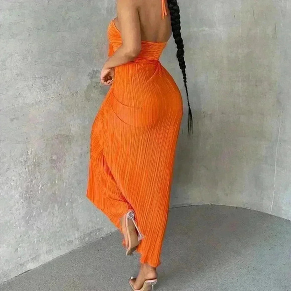 Orange Sexy Women's Crisscross Tie Backless Halter Swing Dress - Picture 2 of 7